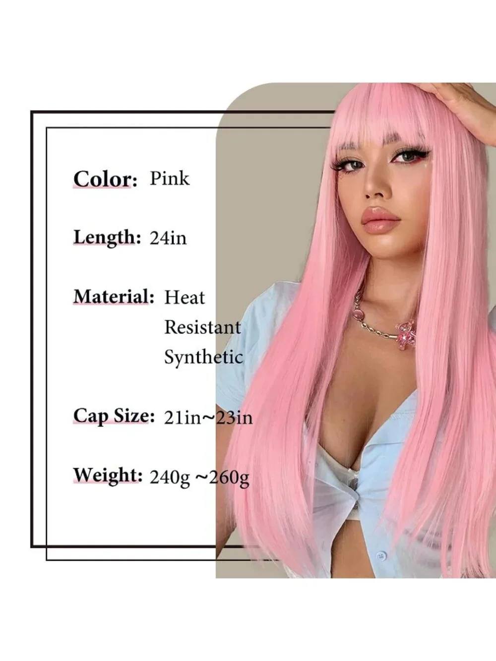 Women's Pink 24 Inch Heat Resistant Synthetic Long Straight Bangs Wig
